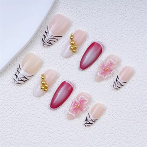 Nuevas <span class=keywords><strong>Uñas</strong></span> Postizas Personalizadas 3D con Diseño <span class=keywords><strong>de</strong></span> Rayas <span class=keywords><strong>de</strong></span> Zebra Rosas Francesas, 100% Hechas a Mano, <span class=keywords><strong>Uñas</strong></span> Artificiales al por Mayor con Pegamento - Product Image 1