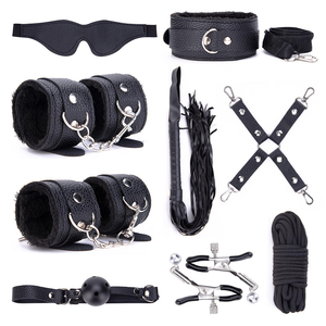 Kit de Restricciones BDSM para Parejas, 9 Piezas: Antifaz, <span class=keywords><strong>Esposas</strong></span>, Grilletes para Tobillos, Mordaza de Bola, Collar, Látigo, Pinzas para Pezones, Correa para Hogtie - Product Image 2