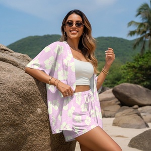 Ensemble deux pièces pour femmes, style hawaïen, imprimé floral, chemisier à manches courtes respirant, short à cordon de serrage, <span class=keywords><strong>tenue</strong></span> de plage décontractée - Product Image 2