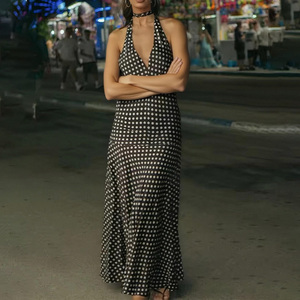 Vestido Halter Negro sin Mangas con Estampado de Puntos para Mujer, Elegante Vestido con Escote en V Profundo y Espalda Descubierta con Cordones, Vestidos de Fiesta de Verano para Mujer - Product Image 1