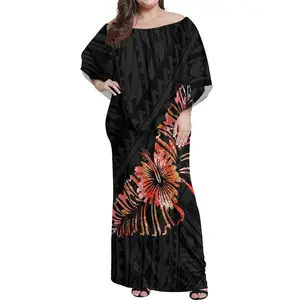Vestido havaiano floral design moderno, ombro fora, maxi, vestido de noite polinésia com shawl, feminino, tamanho grande 7xg