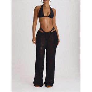 Pantalones de ganchillo para mujer, calzoncillos de playa de pierna ancha con diseño hueco, estilo bohemio para vacaciones, cubrebañadores con cintura elástica, 100% algodón, ajuste holgado - Product Image 4