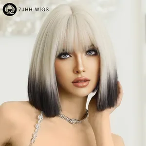 Wig Bob pendek Platinum, dengan rambut sintetis Bang Wig lurus Bob untuk wanita Ombre panjang bahu Cosplay pesta Peluca Wig rambut