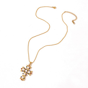 <b>Cross</b> Pendant Necklace 18K Gold Plated Pearl Inlay Adjustable <b>Chain</b> European Style Gift Jewelry - Product Image 4