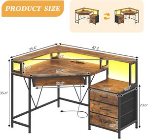 Bureau d'angle <span class=keywords><strong>pour</strong></span> jeux avec prises électriques, étagère <span class=keywords><strong>pour</strong></span> <span class=keywords><strong>imprimante</strong></span>, support d'écran triangulaire <span class=keywords><strong>pour</strong></span> petit espace, <span class=keywords><strong>table</strong></span> d'<span class=keywords><strong>ordinateur</strong></span> marron - Product Image 2