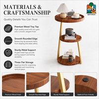 Table basse moderne à trois niveaux en bois rond avec plateau surélevé et élégant cadre fin doré