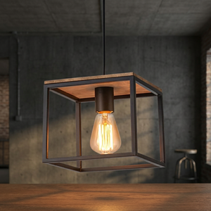 Round Adjustable Height Pendant <b>Light</b> <b>Black</b> Metal Wood Frame Bell <b>Shade</b> E27 LED Bulb Farmhouse Style Ceiling Fixture - Product Image 4