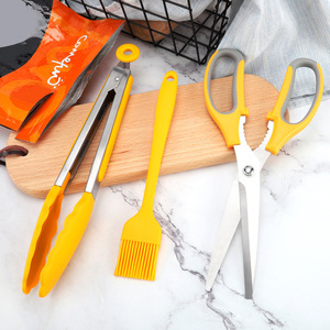 Plump Stainless Steel Tongs Silicone Brush Kitchen Scissors 3 Piece Set Heat Resistant Cooking Tool Set - Product Image 1