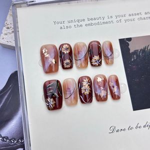 Nuevo Producto Lanzado, <span class=keywords><strong>Uñas</strong></span> Postizas de Lujo con Diseño de Flor en Dorado y Azul Oscuro - Estilo de Alta Gama - Hechas a Mano - Product Image 2