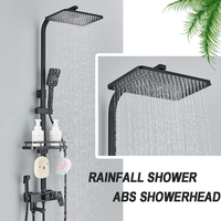 Ensemble de robinetterie de douche et baignoire en laiton noir, vente en gros d'usine, avec étagère de salle de bain, mitigeur de douche 4 fonctions à hauteur réglable