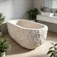 Baignoire autoportante de luxe en travertin brut, baignoire en pierre naturelle massif avec finition brute pour la rénovation de salle de bain