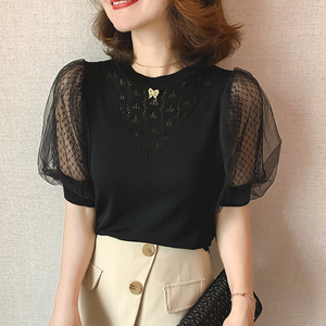 Neues Damen-Netzshirt mit Puffärmeln, O-Ausschnitt, Weiß, Kurzarm, Koreanischer Eleganter Süßer Blusenstil, Mädchen-Oberteil - Product Image 2