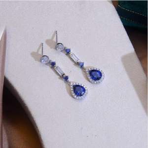 Pendientes Románticos para Mujer, Modelo RZER0116, Chapados en Oro y Plata, con Zafiro en Forma de Bola, Corte de 8x6mm, Color Azul, para Aniversario - Product Image 3