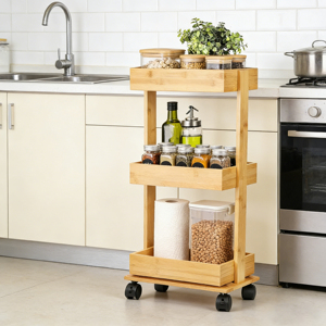 Bamboo 3-Tier Slim Rolling Storage <strong>Cart</strong> Narrow Kitchen Utility <strong>Cart</strong> with Wheels Organizer for <strong>Spices</strong> Oils &amp; Bathroom Essentials - Product Image 1