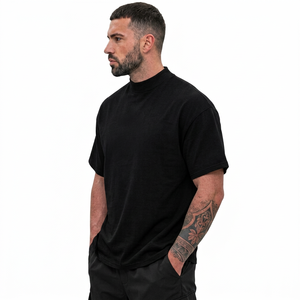 Portace Men's <b>Black</b> <b>T</b>-<b>Shirt</b> O-Neck Short Sleeve Loose Fit 100% Cotton Jersey Casual Solid Eco-Friendly Acid Wash Front Logo - Product Image 1