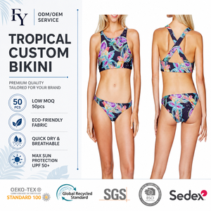 Costume da bagno personalizzato da donna coreano, modello <span class=keywords><strong>bikini</strong></span> crop a collo alto con schiena a racerback, prodotto OEM - Product Image 2