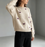 Pull en maille jacquard à col rond pour femme, coupe ample, manches longues, avec logo personnalisé, motif cœur, couleur avoine, pour dames