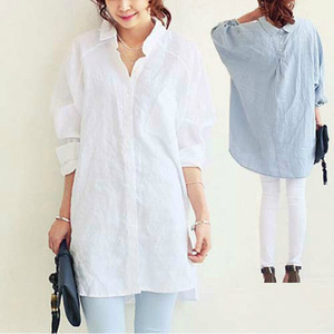 Camisa de mujer de algodón y lino con textura, cuello solapa y empalmes, estilo casual elegante y holgado, talla grande, nueva colección primavera-verano - Product Image 3