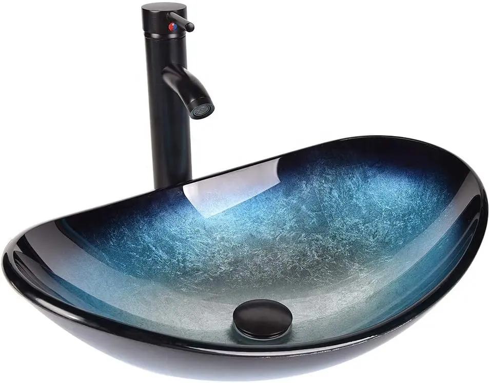 Artistico in vetro temperato lavello lavello ovale oceano blu lavaggio ciotola Set armadietto da appoggio lavello con rubinetto e tubo Pop-Up