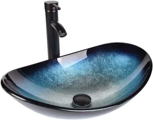 Évier de navire en verre trempé artistique bassin ovale bleu océan ensemble de cuvette de lavage évier de comptoir d'armoire avec robinet et tuyau Pop Up