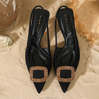 Escarpins à bout pointu pour femmes, à bride arrière, avec boucle en strass, talons hauts, élégants, noirs, pour soirée, mariage, vente en gros