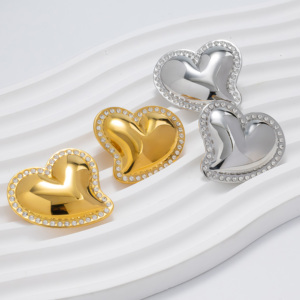 <b>Heart</b> Stainless Steel <b>Gold</b> <b>Earrings</b> with Crystal Inlay-Bold Statement Stud <b>Earrings</b> for Women Party Luxury Chic - Product Image 1
