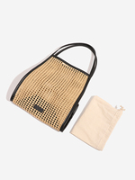 Tas Selempang Jala Tenun Logo Kustom Semi-Transparan Warna Cokelat Muda dengan Lis Hitam Tali Panjang Pesanan Grosir OEM Langsung dari Pabrik