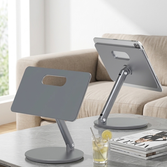 HYDUODUO Magnetic Aluminum Alloy Adjustable Foldable 360 Rotation Tablet Stand with Strong Suction for iPad Series Gray
