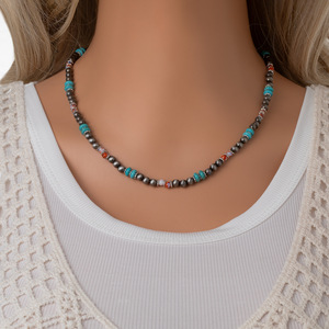 Collar de cuentas hecho a mano de perlas Navajo y turquesa estilo Navajo Vintage, collar ligero para bodas y bailes de mujer - Product Image 1