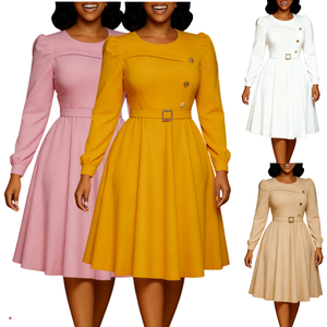 D3349 Thời Trang Sự Nghiệp Dresses Phụ Nữ Giản Dị Dài Tay Áo O-Cổ A-Line Văn Phòng Phụ Nữ Ăn Mặc Thanh Lịch Văn Phòng Mặc Cho Phụ Nữ Với Vành Đai - Product Image 1