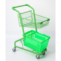 Chariot de courses en métal galvanisé à deux niveaux, écologique, portable, avec panier en maille argentée et roues en PU de 4 pouces, pour supermarché, vente en gros