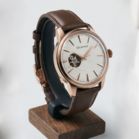 Jam Tangan Mekanik Vintage Pria dengan Jendela Tampilan Gerakan Mesin, Dial Pola Gelombang Perak, Tali Kulit Jahitan Tangan Cokelat