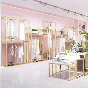 Fashion Clothing Display Rack Clothing Racks For Dresses Boutique Gold Garment Rack Display For Clothes Store Display Shelf