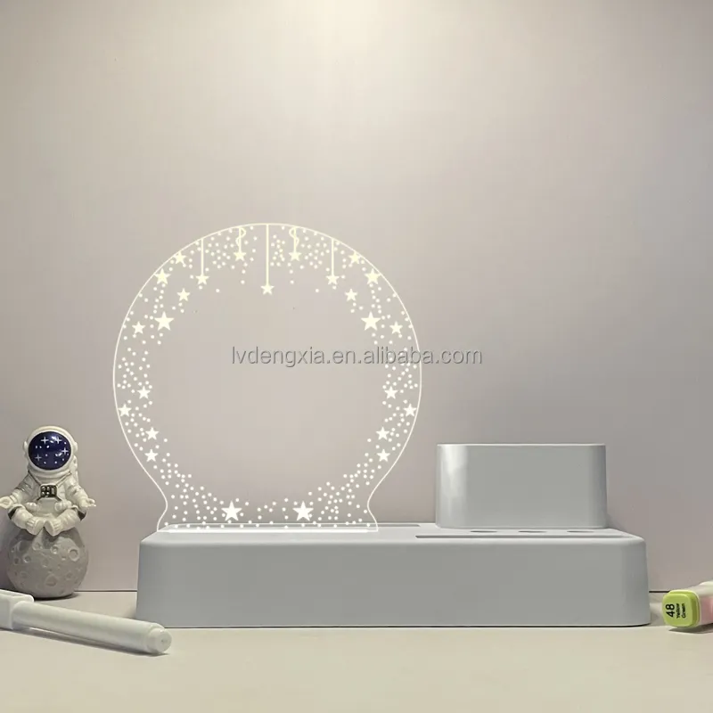 Suporte de caneta 3d acrílico luz noturna criativa lâmpada de cabeceira do quarto lâmpada de mesa de poupança de energia led para dormitório usb branco quente