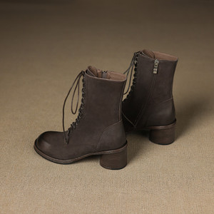 Meilleures ventes : Bottes mi-mollet décontractées en cuir de vachette pleine fleur, couleur unie, style rétro, avec ceinture décorative, imperméables, antidérapantes, à talon épais et confortable - Product Image 4