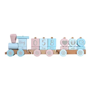 Best Baby Shower Gift Solid Wood Milestone Baby Age Photo Blocks Wooden Train Toy