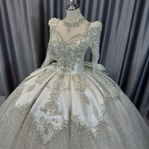 Lscm95 Luxury Ivory Ball Gown <b>Wedding</b> Dress Crystal Beaded Illusion Long Sleeve Corset Bridal Gown Glitter Jancember - Product Image 5