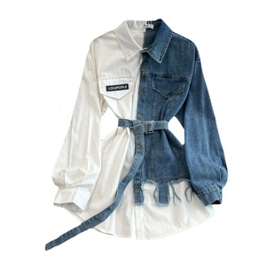 <span class=keywords><strong>Chemise</strong></span> en <span class=keywords><strong>jean</strong></span> à blocs de couleur à taille ajustable avec ceinture, haut mi-long décontracté chic pour <span class=keywords><strong>femme</strong></span>, nouveauté printemps - Product Image 5