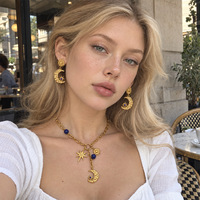 Ensemble de bijoux collier et boucles d'oreilles en acier inoxydable plaqué or massif avec lapis-lazuli naturel, motif soleil, lune et étoile, pour femme, idéal comme cadeau - Vente chaude