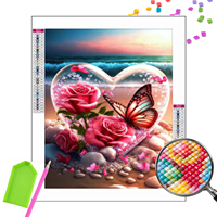 Kit de Peinture Diamant DIY pour Adultes, Vente en Gros, 5D, Broderie Complète, Roses Amoureuses de la Saint-Valentin dans un Cœur en Verre, Décoration Murale Paysagère