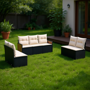 Conjunto de Sofás de Jardín de Ratán Negro para 6 Personas, Muebles de Exterior Resistentes a la Intemperie, Diseño Contemporáneo, Estructura de Madera de Teca - Product Image 2