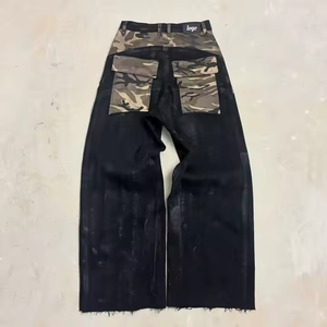 <span class=keywords><strong>Jeans</strong></span> Personalizzati in Cotone e Spandex con Patchwork, Gamba Larga, Stampa Camouflage, Effetto Invecchiato, Patch in <span class=keywords><strong>Pelle</strong></span>, Stile Hip Hop Streetwear - Product Image 2