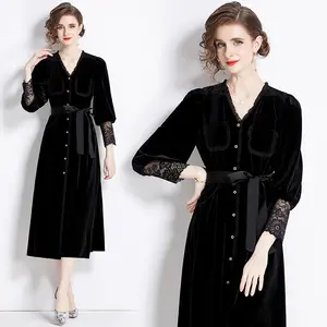 Элегантная Женская мода V-образным вырезом с длинным рукавом длинное черное бархатное платье для женщин