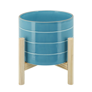 Pot en céramique avec support en bois, couleur bleue, pour intérieur et extérieur - Product Image 1