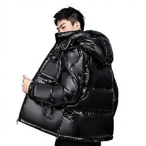 Men's Black Puffer Jacket Solid Color Windproof Winter Casual Zipper Closure Stand Collar Polyester Down Wadding Reguler Fit - Product Image 5
