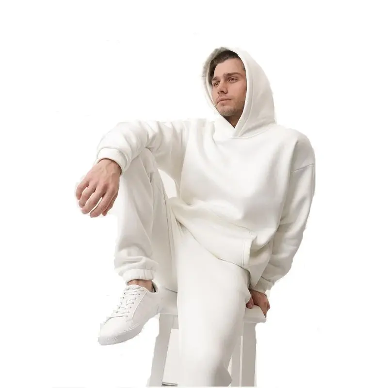 Barato MOQ 1 conjuntos Em Branco Logotipo Personalizado Ternos De Duas Peças Cor Sólida Plain Tricô Hoodie Homens Sweatsuit