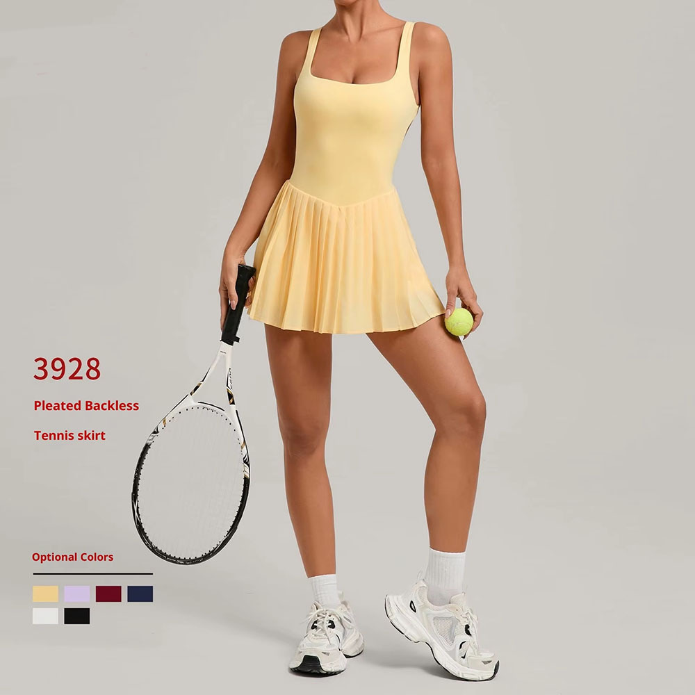 New European American Big Backless Sports Dress Women's Anti-slip Pleated Yoga Skirt Outdoor Fitness Tennis Front Breathable