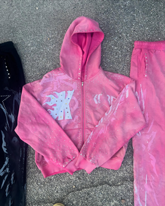 Conjunto Deportivo Personalizado con Apliques, Logotipo Serigrafiado, Felpa Francesa 100% Algodón Grueso, Sudadera con Cremallera y Pedrería, Pantalones con Cordón, Estilo Acid <span class=keywords><strong>Wish</strong></span> - Product Image 4