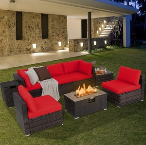 Ensemble de canapés en rotin de luxe pour l'extérieur avec coussins rouges et table de foyer multifonctionnelle pour patio et jardin - Product Image 1