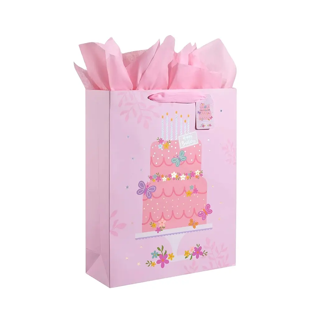 Coloré imprimé joyeux anniversaire cadeau sac en papier grand sac en papier dessin animé Animal flamant rose licorne dinosaure motif sac en papier accepter